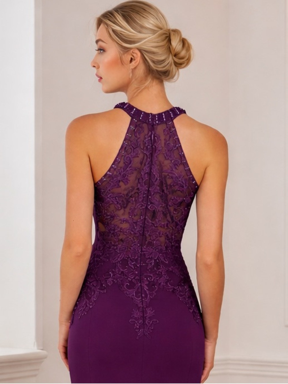 Plum Purple Lace Appliqué Beaded Halter Gown |  Formal Dress | Wedding Guest - Picture 3 of 13